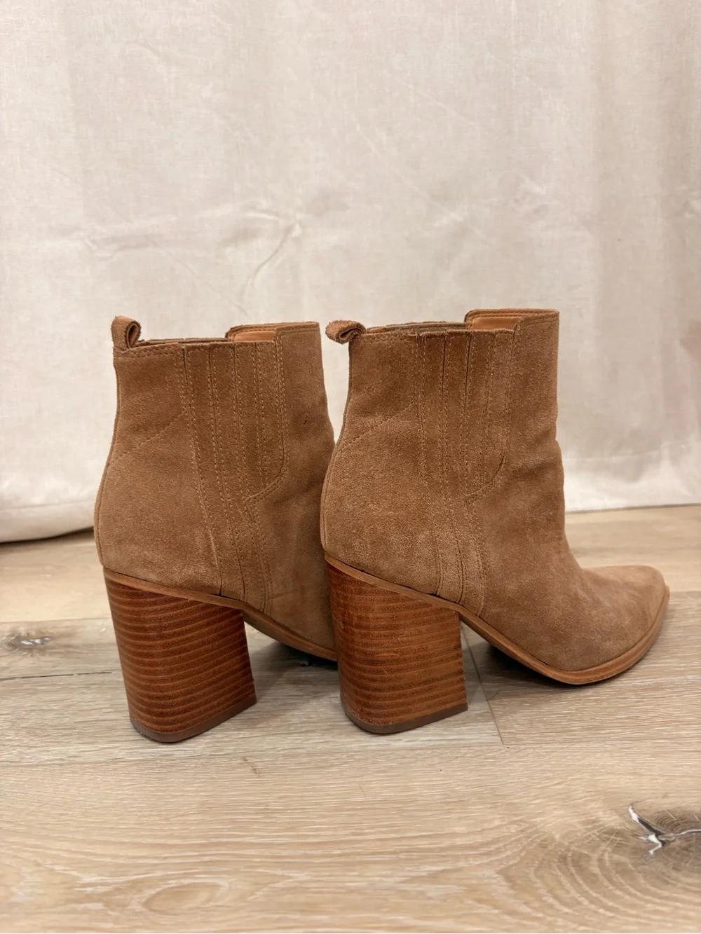 Marc Fisher Tan Suede Stacked Block Heel Ankle Booties